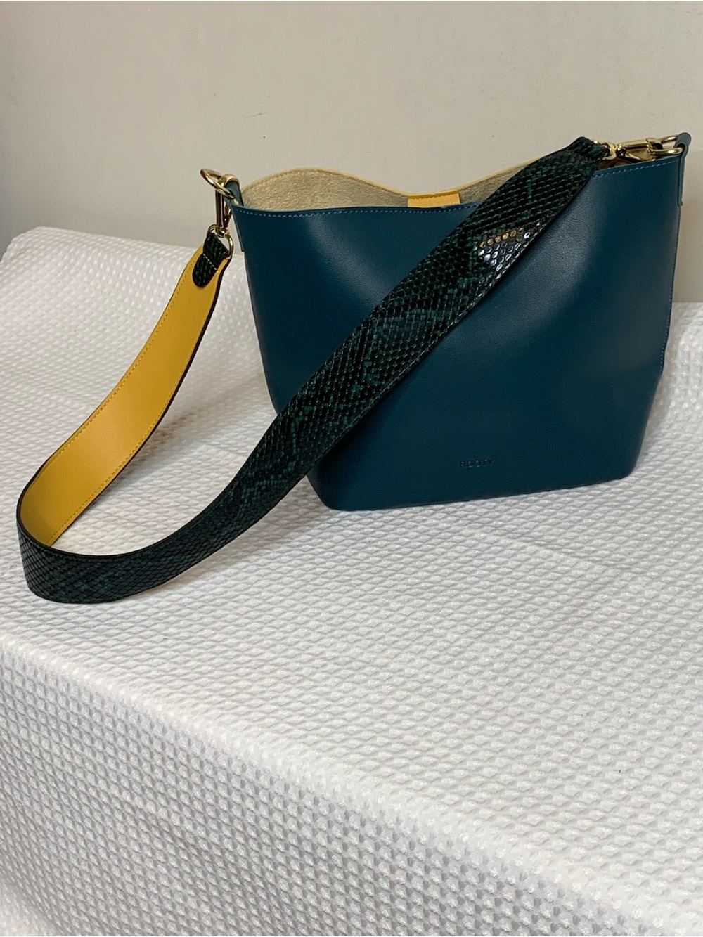 Leather Bucket Bag with Contrast Strap - Teal & Yellow